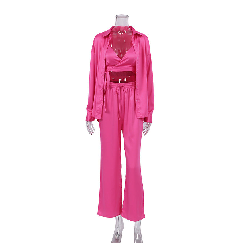 Imitation silk long sleeve trousers pajamas