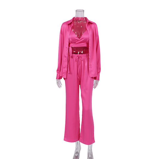 Imitation silk long sleeve trousers pajamas